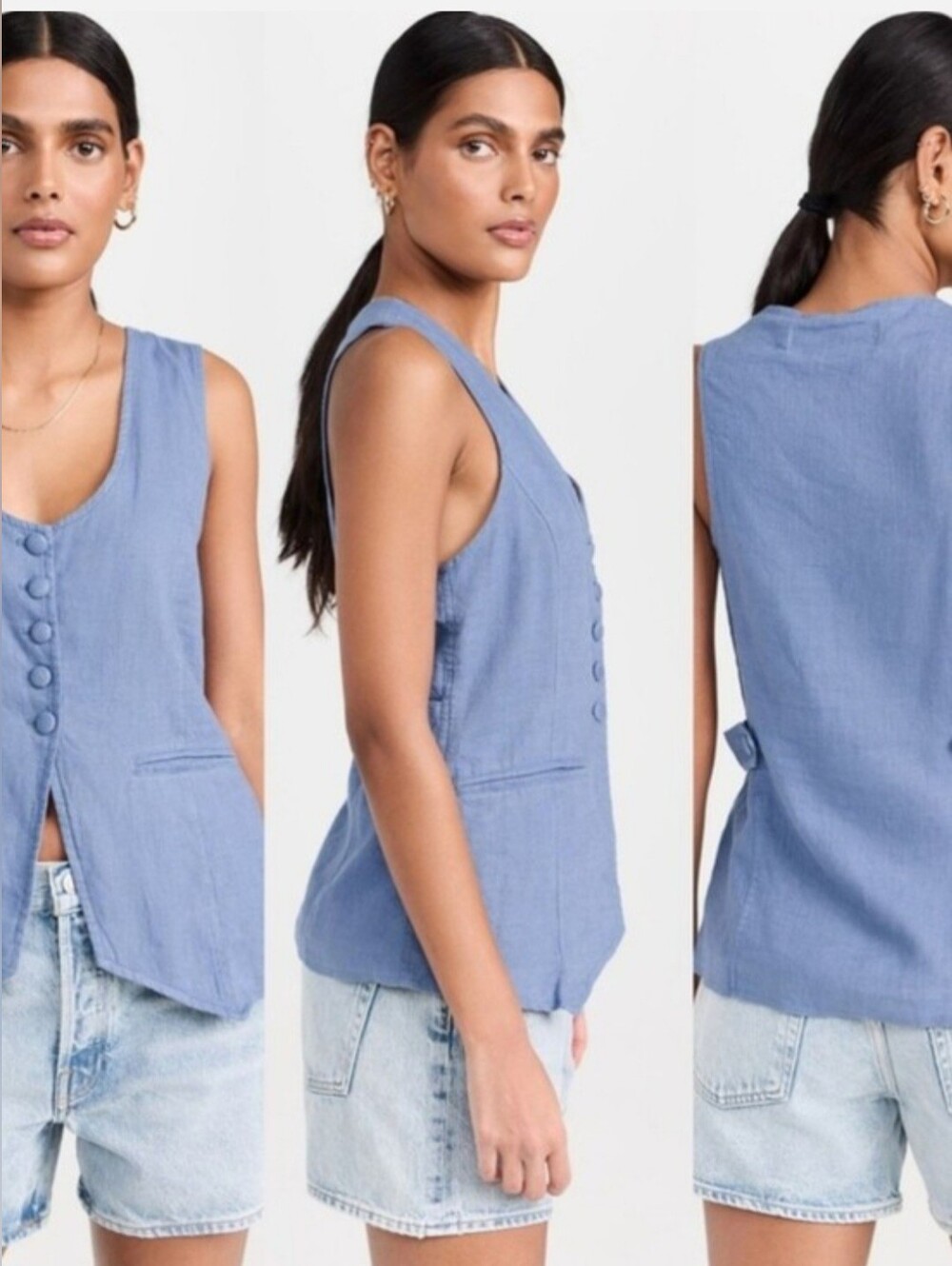 Free People Millie Sleeveless Denim Gray Linen Blend Button Front Shirt Vest - Picture 6 of 8